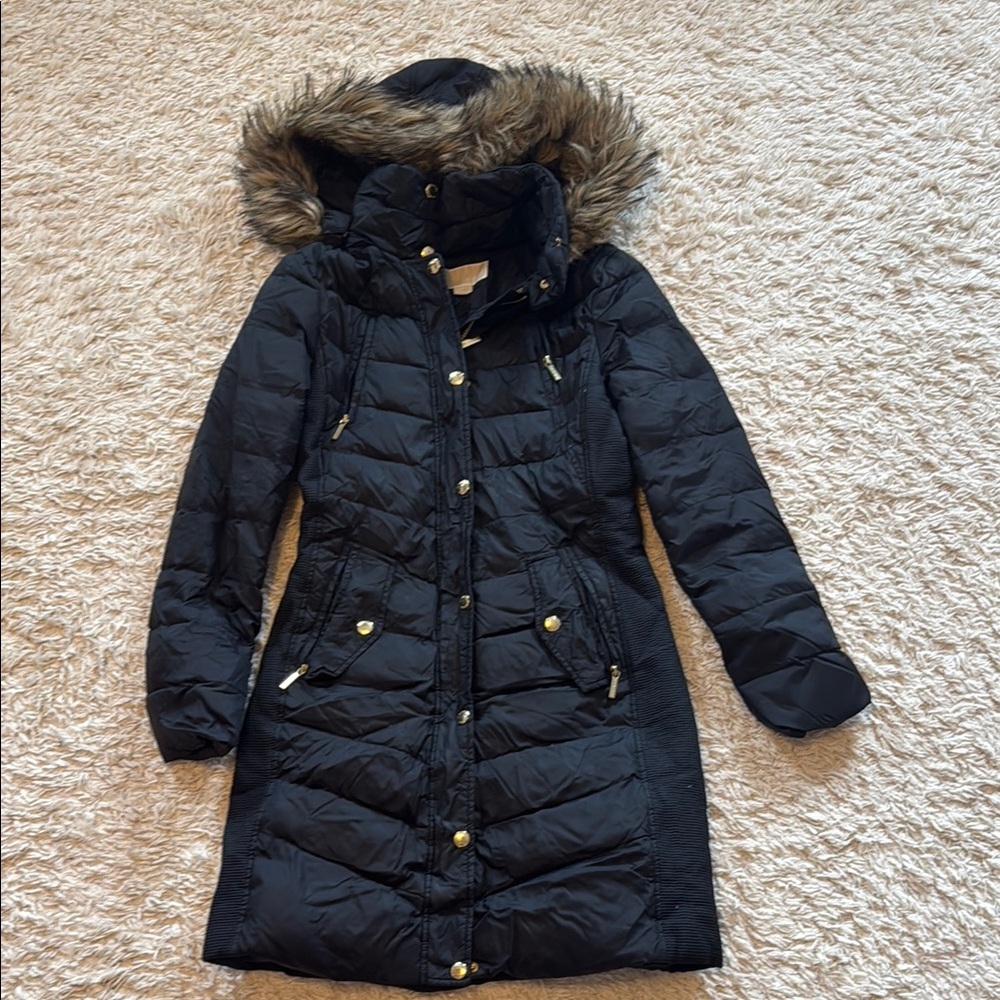 Women's Michael Kors Black Fur-Trimmed Hooded Coat